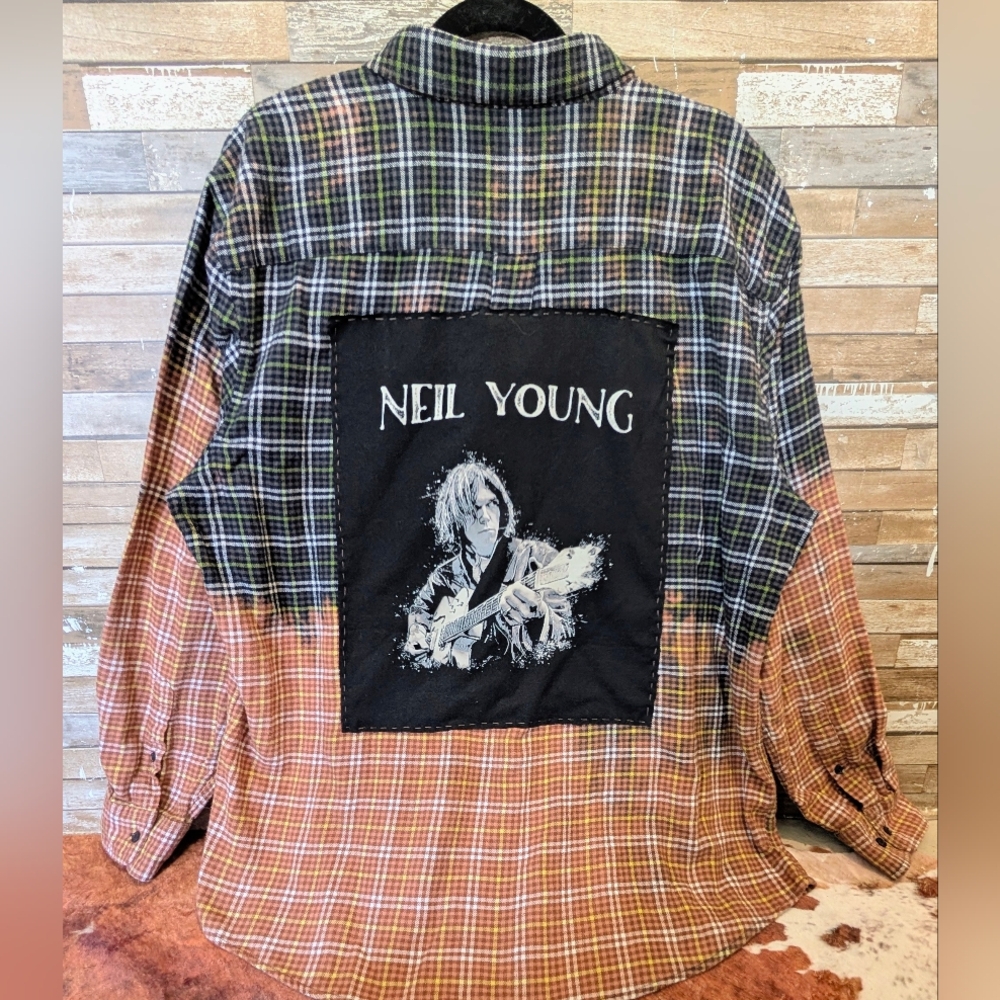 Neil Young Graphic Upcycled Handcrafted Dip Dye Bleach Flannel Shirt